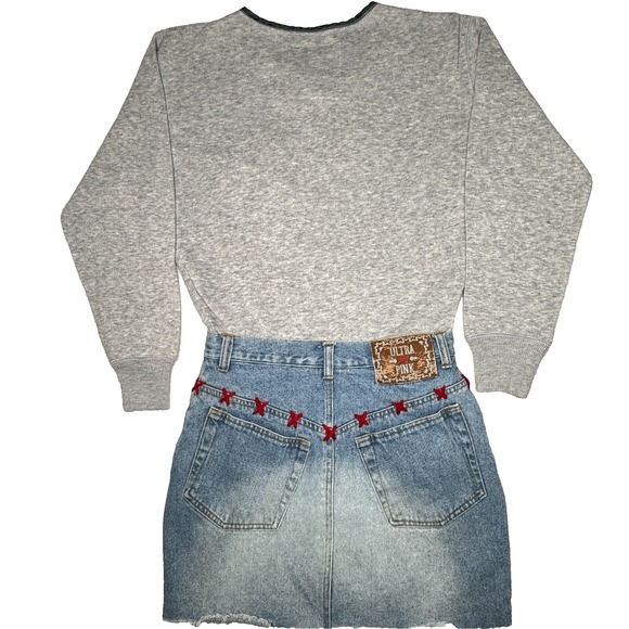 VTG 90s Ultra Pink Romper Womens Sz M Gray Sweatshirt Denim Mini Skirt Y2K - Picture 2 of 12